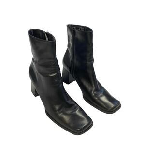 90s Nine West Black Leather Square Toe Heeled Booties